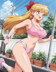 ai_generated alternate_breast_size big_breasts bishoujo_senshi_sailor_moon blonde_hair blue_eyes breasts female jogging jogging_outfit large_breasts minako_aino neighborhood open_mouth outdoors red_bow running_shoes sailor_venus sneakers solo sports_bra sportswear steak_ai