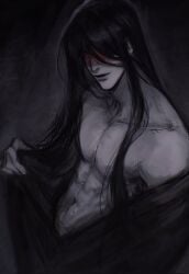 black_hair black_robe blood blood_on_face eyeless eyeless_male gray_body grey_body grey_skin homicipher long_black_hair long_hair long_hair_male monster mr_crawling muscular muscular_male open_clothes open_clothing open_robe teratophilia torn_clothes torn_clothing toseyoki