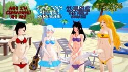 3d balls beach beach_chair beach_umbrella big_balls big_penis bikini bikini_bottom_down blake_belladonna blue_bikini cumming cumming_together dialogue dickgirl ejaculation futa_only futanari guitar koikatsu masturbation masturbation_contest penis purple_bikini red_bikini ruby_rose rwby sex_competition small_balls small_penis swimsuit weiss_schnee yang_xiao_long yellow_bikini