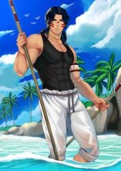 1boy abs biceps big_breasts black_hair braid cloud collarbone earrings eight_pack grey_eyes hi_res holding_object holding_stick jouvru_(joberu) lips long_hair looking_at_viewer male male_breasts male_only mature_male morning mother's_spirit muscles muscular muscular_arms muscular_male necklace nipples_visible_through_clothing oppai outdoors palm_tree pants pecs qaltaqa rolled_up_sleeves rope seagull seaside shallow_water six_pack solo standing standing_in_water sunny sweat sweatdrop tanktop tattoo tattooed_arm thick_eyebrows tight_clothing translucent_clothing tribal tribal_markings tribal_tattoo veiny_arms veiny_muscles very_high_resolution wet yaoi