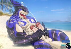 2_penises 4_fingers abs animal_genitalia animal_penis anthro aquatic balls beach bodily_fluids capt._locke captain_locke_(xxl_woofia) cum cum_on_body cum_on_face cum_on_self cumshot detailed_background diphallism ejaculation fingers fish genital_fluids genitals gills hemipenes hi_res lying male multi_genitalia multi_penis muscular muscular_male nipples nude outside penis scar shark sharp_teeth solo teeth todex tongue tongue_out xxl_woofia