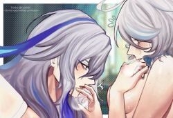 1boy 1girls blue_hair blush eyeliner female furina_(genshin_impact) genshin_impact licking licking_fingers long_hair male male/female naked neuvillette_(genshin_impact) nude saliva shirtless straight topless visible_breath