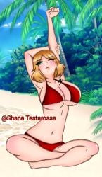 beach big_breasts bikini blonde_hair eganmedia genderbent genderswap_(mtf) green_eyes red_lipstick rule_63 sitting twitch youtuber