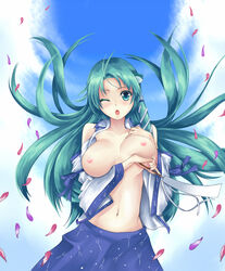 bare_shoulders breast_hold breasts detached_sleeves female female_only frog green_eyes green_hair hair_ornament human kosuke_(bb) large_breasts long_hair navel nipples open_clothes open_shirt petals sanae_kochiya shirt snake solo touhou wind wink