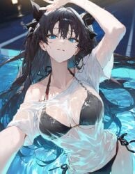 ai_generated bellmod3 bikini black_bikini black_hair blue_eyes fate/stay_night fate_(series) hair_ribbon in_pool medium_breasts pool see-through_shirt soaked_clothes tohsaka_rin wet_body wet_shirt wet_skin