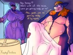 4:3 anthro bathrobe bed_sheet bedding big_breasts bodily_fluids breasts bulge clothing dialogue duo female generation_2_pokemon hair hi_res lamp lipstick makeup male nintendo orange_hair pokemon pokemon_(species) robe sweat sweatdrop tenting towel towel_on_head typhlosion vore xaphyanthro