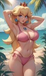 1girls ai_generated armpits arms_behind_head arms_up beach big_breasts bikini bikini_bottom bikini_top blonde_hair blue_eyes breasts cleavage crown ear_piercing earrings female female_only large_breasts lips lipstick long_hair looking_at_viewer mario_(series) navel nintendo ocean parted_lips pink_bikini pink_lips pink_lipstick pose posing princess_peach sensual sexy_armpits smile solo standing sweatdrop swimwear thighs thong_bikini toned water