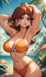 1girls ai_generated armpits arms_behind_head beach big_breasts bikini blush breasts brown_eyes brown_hair busty child_bearing_hips cleavage earrings female female_only highres jewelry large_breasts legs long_hair mario_(series) navel nintendo ocean parted_lips pink_lipstick pose posing princess_daisy sensual sideboob smile solo swimsuit thick_thighs thighs thong_bikini toned voluptuous water