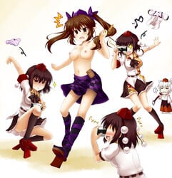 animal_ears black_kneehighs black_legwear blush breasts breasts_apart brown_eyes brown_hair camera cellphone checkered checkered_skirt clothes cross-laced_footwear detached_sleeves footwear geta hat hatate_himekaidou kneehighs momiji_inubashiri nipples okitakung panties phone pointy_ears rape_face shameimaru_aya short_hair skirt socks striped striped_panties sword tail tengu-geta tied_hair tokin_hat touhou twintails underwear undressing weapon white_hair wolf_ears wolf_tail