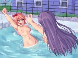 breasts covering doki_doki_literature_club embarrassed hallowdraws pool sayori_(doki_doki_literature_club) stolen_clothes wardrobe_malfunction yuri_(doki_doki_literature_club)