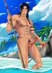 1boy abs ass_visible_through_thighs balls biceps big_areola big_breasts big_penis black_hair blush braid cloud collarbone completely_nude earrings eight_pack erection foreskin_folds grey_eyes happy_trail hi_res holding_object holding_stick jouvru_(joberu) lips long_hair looking_at_viewer male male_breasts male_only mature_male morning mother's_spirit muscles muscular muscular_arms muscular_male necklace oppai outdoor_nudity palm_tree pecs pubic_hair qaltaqa seagull seaside shallow_water six_pack solo standing standing_in_water sunny sweat sweatdrop tattoo tattooed_arm thick_eyebrows thick_penis translucent_clothing tribal tribal_markings tribal_tattoo uncensored veiny_arms veiny_muscles veiny_penis very_high_resolution wet yaoi