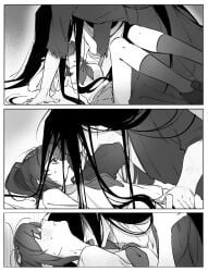 1boy 1boy1girl 1girls black_and_white black_hair blush blush_lines comic comic_panel comic_strip dark_hair eyeless eyeless_male female gripping gripping_shoulders holding_leg holding_shoulder homicipher licking_neck long_black_hair long_hair long_hair_male male mc_(homicipher) mr_crawling pinned pinned_down pinned_to_floor pleated_skirt ponytail sailor_collar school_uniform schoolgirl spread_legs sweat sweatdrop sweaty_face sweaty_neck youniao