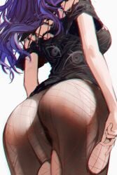 1girls ass ass_focus breasts female female_focus female_only fishnet_legwear fishnets from_below head_out_of_frame michi_mochievee naokomama purple_hair simple_background solo virtual_youtuber vshojo vtuber white_background