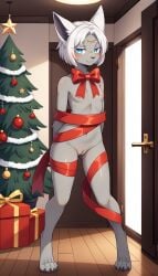 1girls 2024 ai_generated anthro blue_eyes blushing bow breasts christmas christmas_tree digitigrade female female_only grey_body hi_res holidays innie_pussy looking_at_viewer mineru nintendo nude nude_female pink_nipples pussy ribbon ribboned_body short_hair smile the_legend_of_zelda the_legend_of_zelda:_tears_of_the_kingdom white_hair zonai