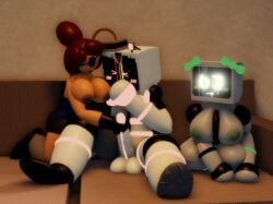 1human 2females 2girls 2girls1boy 3d berry_(goofylookin) big_balls blush_lines body_markings bows breasts breasts_out broken_screen brown_areola couch eyepatch glowing_markings goofylookin green_areola handjob hat kneeling kneeling_on_sofa looking_at_partner massive_penis roblox screen_face self_upload sitting_on_couch sofa topless_female tv_head tv_head_robot vila_(goofylookin)