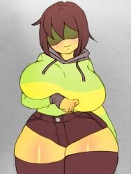 1female 1girls 5_fingers big_breasts breasts clothing curvy deltarune eyes_covered female kris_(deltarune) nipples short_hair shorts solo