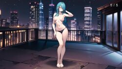 2023 big_breasts blush breasts buildings city_background female game_cg green_eyes hair_over_one_eye hand_behind_head hentai_girls human lights long_hair night night_sky official_art panties reddeer_games shirayuki_(hentai_girls) sky standing stars tagme