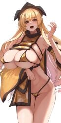 bikini blonde_hair blush breasts cleavage covered_nipples detached_sleeves female hat highres huge_breasts long_hair looking_at_viewer micro_bikini okina_matara open_mouth orange_bikini simple_background solo swimsuit tabard touhou white_background wide_sleeves yellow_eyes yukito_(dreamrider)