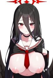 1girls 2d aerolae ai_generated aroused black_hair black_wings blue_archive blush breasts breasts_focus cute embarrassed execro female flashing_breasts halo hasumi_(blue_archive) highres huge_breasts nipples novelai pink_nipples pov pov_male presenting_breasts red_eyes solo uncensored