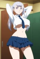 1girls ai_generated arms_up artkoikoi big_breasts black_clover breasts hi_res huge_breasts large_breasts looking_at_viewer miniskirt navel noelle_silva purple_eyes school_uniform schoolgirl silver_hair skimpy thick_thighs thighs twintails underboob wide_hips