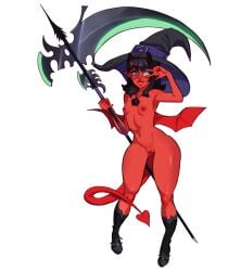 1female 1girls big_breasts black_hair blue_eyes breasts demon demon_girl demon_horns demon_wings female_only human humanoid lilith's_throne naked naked_female nude nude_female red_body scyther semi_human shorter_female shortstack tail wings witch_hat