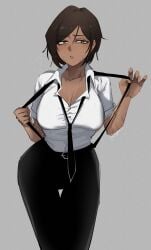 1girls belt big_ass big_breasts black_pants brown_eyes brown_hair brown_skin busty button_down_shirt cleavage cleavage_cutout feiyuu grabbing_clothing limbus_company looking_at_viewer nipple_bulge outis_(limbus_company) overalls project_moon scars short_hair steamy_breath sweat sweating sweaty tie