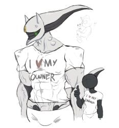 angry anonymous anonymous_female arceus bulge bulge_through_clothing male/female matching_outfit muscular muscular_male nipple_piercing pokemon pokemon_(species) size_difference thumbs_up veins