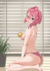 1girls balls blush dandadan female holding_object kneeling panties pink_hair pink_panties purple_eyes rezebeee shiratori_aira_(dandadan) short_hair solo solo_female