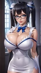 ai_generated bare_shoulders big_breasts breasts choker cleavage dress dungeon_ni_deai_wo_motomeru_no_wa_machigatteiru_darou_ka female female_focus female_only firm_breasts glasses hestia_(danmachi) huge_breasts large_breasts lips lipstick navel navel_visible_through_clothes round_breasts seducing seduction seductive seductive_body seductive_eyes seductive_gaze seductive_look seductive_mouth shiny_breasts shiny_clothes shiny_skin simple_background sky4maleja tight_clothes tight_clothing upper_body