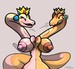 2girls chabble mario_(series) monster peeling princess_daisy princess_peach seperation_attempt snake snake_girl splitting super_mario_bros.