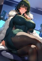 ai_generated bare_thighs blush braunoh fubuki_(one-punch_man) gigantic_breasts green_eyes green_hair huge_breasts huge_thighs light-skinned_female light_skin looking_down low-angle_view massive_breasts one-punch_man short_hair solo_female squatting stockings sweat sweatdrop thick_body thick_female thick_thighs thighs voluptuous voluptuous_female