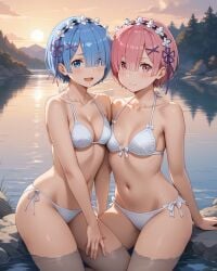 ai_generated bikini blue_eyes blue_hair pink_eyes pink_hair ram_(re:zero) re:zero_kara_hajimeru_isekai_seikatsu rem_(re:zero)