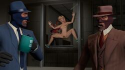 1girls 3boys 3d belly_button blonde_hair blue_shorts blue_team_(team_fortress_2) breasts brown_pubic_hair bush choovy3 cigarette crossover gwen_stacy pink_hair pubic_hair public_nudity red_team_(team_fortress_2) scout_(team_fortress_2) sfm shoes_only spider-man_(series) spy_(team_fortress_2) team_fortress_2