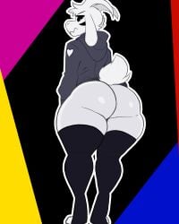 2025 absurd_res anthro asriel_dreemurr asriel_dreemurr_(god_form) ass big_butt black_clothing black_eyes black_hoodie black_legwear black_topwear bottomless bovid bubble_butt caprine clothed clothing digital_media_(artwork) femboy fur glistening glistening_butt goat hair hi_res hoodie horn legwear looking_at_viewer looking_back looking_back_at_viewer male mammal markings short_tail simple_background solo suitedwolfie tail thick_thighs topwear undertale undertale_(series) white_body white_fur white_hair