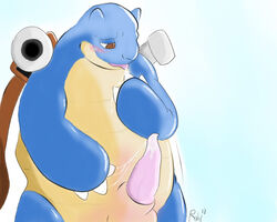 blastoise blue_skin blush brown_eyes claws color cum male male_only nintendo penis pokemon shell solo standing tagme