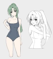 07th_expansion bare_arms bare_legs bare_shoulders bare_thighs big_breasts blush breasts cleavage collarbone green_eyes green_hair higurashi_no_naku_koro_ni long_hair mion_sonozaki nonanonnon6u6 one-piece_swimsuit open_mouth parted_lips ponytail school_swimsuit smile strap_pull stretching swimsuit swimsuit_pull thighs