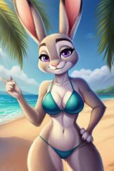 ai_generated andyy0012 anthro beach bikini bunny_ears bunny_girl female furry grey_fur judy_hopps violet_eyes zootopia