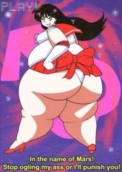 1girls beach belly big_belly big_breasts bishoujo_senshi_sailor_moon blue_eyes breasts cleavage cookies-cat dialogue female female_only fully_clothed obese rei_hino sailor_mars tagme thick_thighs thunder_thighs wide_hips