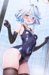 1girls ai_generated bathroom blue_eyes blue_hair blush breasts embarrassed furina_(genshin_impact) genshin_impact hips shower small_breasts smile solo swimsuit thick_thighs thighhighs thighs wavy_mouth