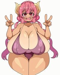 curvy dark_skin double_peace_sign gigantic_breasts ilulu_(dragon_maid) inakotho miss_kobayashi's_dragon_maid one-piece_swimsuit plump tan_skin thick_thighs voluptuous wide_hips