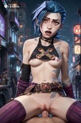 1girls ai_generated arcane bare_shoulders belt blue_hair braid breasts clothes_lift cowgirl_position cowgirl_position hi_res jinx_(league_of_legends) league_of_legends long_hair looking_at_viewer multiple_boys navel netflix night nipples open_mouth outdoors penis piercing pov pussy r34arts riot_games sex shirt_lift solo_focus spread_legs straddling straight striped_clothes tattoo thighhighs twin_braids uncensored vaginal_penetration