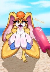 4_fingers anthro beach big_breasts big_ears bikini bikini_top blue_bikini blue_clothing blue_swimwear bodily_fluids breasts brown_eyes clothed clothing cloud colored_nails dessert dialogue drawsfigures eyelashes female fingers floppy_ears food fur hair head_tuft hi_res huge_breasts ice_cream kneeling lagomorph leporid looking_at_viewer lop_ears mammal milf nails nipple_outline open_mouth orange_body orange_fur orange_hair pink_nails pink_tongue popsicle rabbit saliva saliva_string sea seaside sega sky skyscape solo sonic_(series) sonic_the_hedgehog_(series) steam sweat sweatdrop swimwear talking_to_viewer tan_body tan_fur text thick_thighs tongue tongue_out tuft vanilla_the_rabbit water white_body white_fur wide_hips