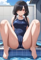 ai_generated big_ass black_hair date_a_live long_hair lonhun1028 low_twintails red_eyes school_swimsuit small_breasts sweat thick_thighs tokisaki_kurumi twintails yellow_eyes