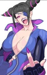 1girls big_breasts black_hair breasts eyepatch female female_only juri_han looking_at_viewer middle_finger no_bra octavius_dp open_mouth painted_nails pink_eyes solo street_fighter sweat sweaty_body sweaty_breasts tongue tongue_out