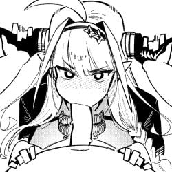 1girls blowjob dismassd grabbing_head grabbing_horns handlebars holoforce hololive hololive_japan horn_grab horns kiryu_coco monochrome virtual_youtuber vtuber