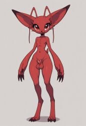 1boy ai_generated antennae anthro balls big_ears big_eyes biped civitai claws creature digimon_(species) digitigrade eyelashes femboy feminine_male front_view fully_sheathed furry girly hips jimojo male monster naked nude pokemon_(species) pony_diffusion_xl red_body red_eyes sheath short_tail simple_background small_penis solo solo_anthro solo_male sonic_(series) standing tail testicles thighs