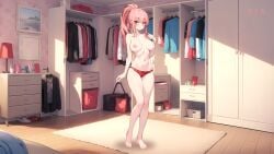 2023 ayame_(hentai_stars) bedroom big_breasts blush breasts female game_cg hentai_stars human long_hair official_art panties pink_hair ponytail red_panties reddeer_games smile standing tagme