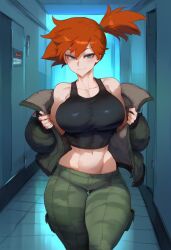 ai_generated aksn asymmetrical_hair bangs bare_shoulders blush breasts changing_room clavicle cleavage closed_mouth clothing crop_top curvaceous denim female female_focus female_only footwear green_eyes green_jacket green_pants gym_leader huge_breasts indoors jacket kasumi_(pokemon) kneeling large_breasts locker locker_room long_sleeves looking_at_viewer midriff navel open_clothes open_jacket orange_hair pants pokemon pokemon_(anime) pokemon_character pokemon_rgby ponytail shirt short_hair shorts side_ponytail smile solo standing tank_top thick_thighs thigh_gap thighs tied_hair tile_floor tiles undressing wide_hips