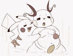 anthro belly duo erection generation_1_pokemon genitals grope hi_res male male/male mincheeto moobs navel nintendo nipples partially_submerged penis pikachu pokemon pokemon_(species) raichu slightly_chubby water