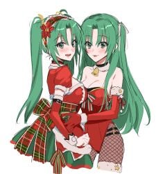 bare_shoulders big_breasts blush breasts choker christmas_outfit cleavage collarbone detached_sleeves elbow_gloves fishnet_pantyhose fishnets gloves green_eyes green_hair hair_ribbon hairband hand_on_another's_waist higurashi_no_naku_koro_ni leotard long_hair neck_bell nonanonnon6u6 off_shoulder open_mouth pantyhose red_dress red_gloves sisters smile sonozaki_mion sonozaki_shion thighs tongue tongue_out twins twintails wrist_cuffs